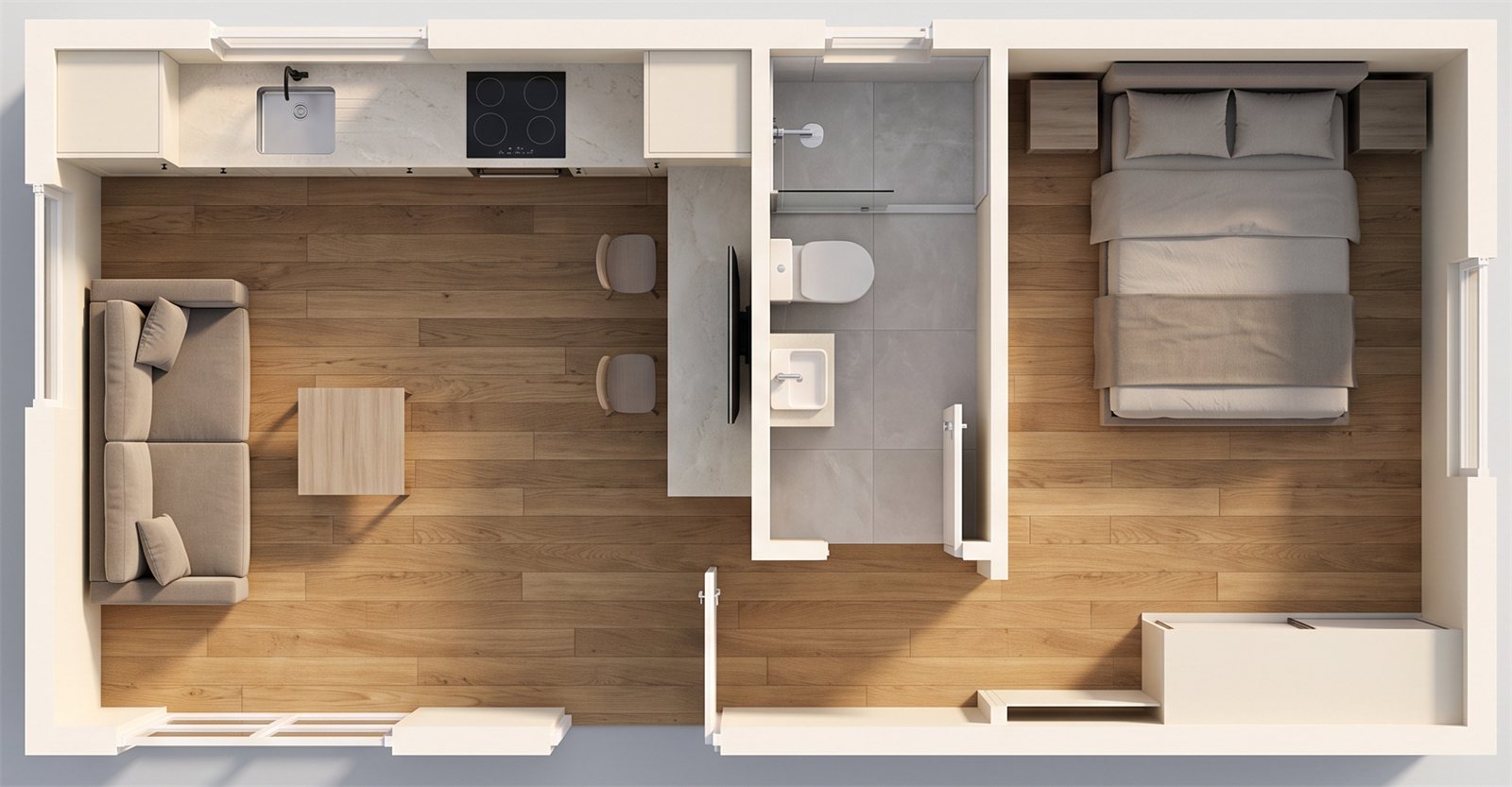32m² Linear 3D interior view from above