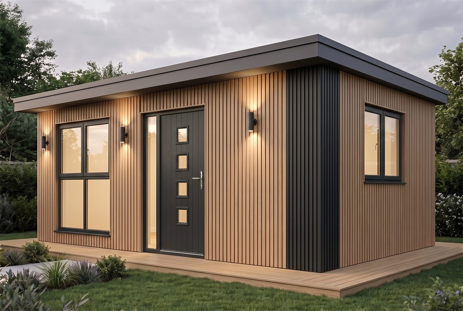 Garden Home 32m² Linear exterior at dusk on a planted deck — Cedar & Black finish