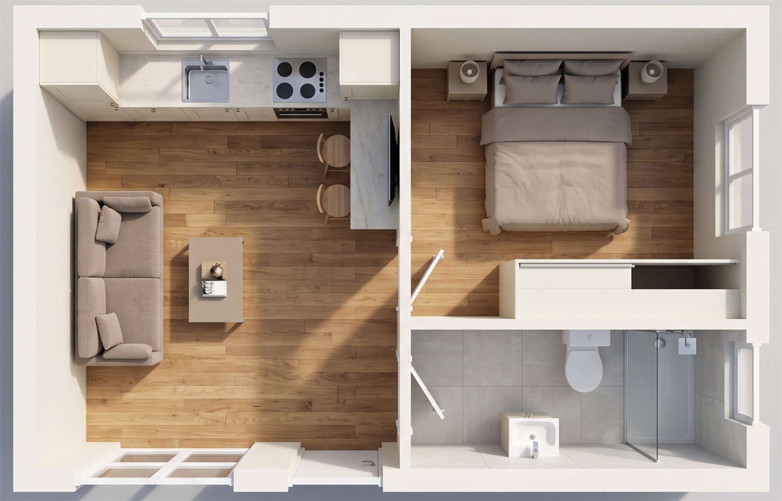 32m² Wide 3D interior view from above