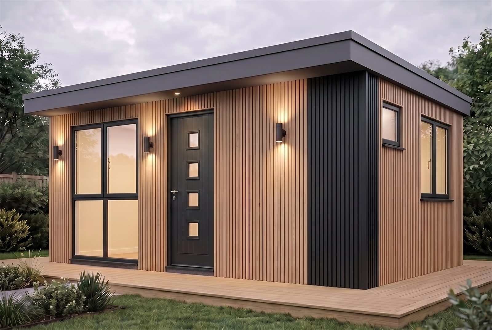 Garden Home 32m² Wide exterior at dusk on a planted deck — Cedar & Black finish