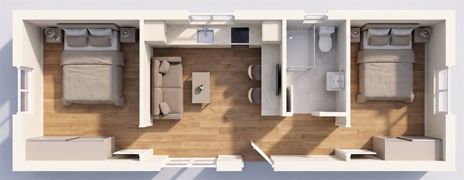 45m² Linear 3D interior view from above