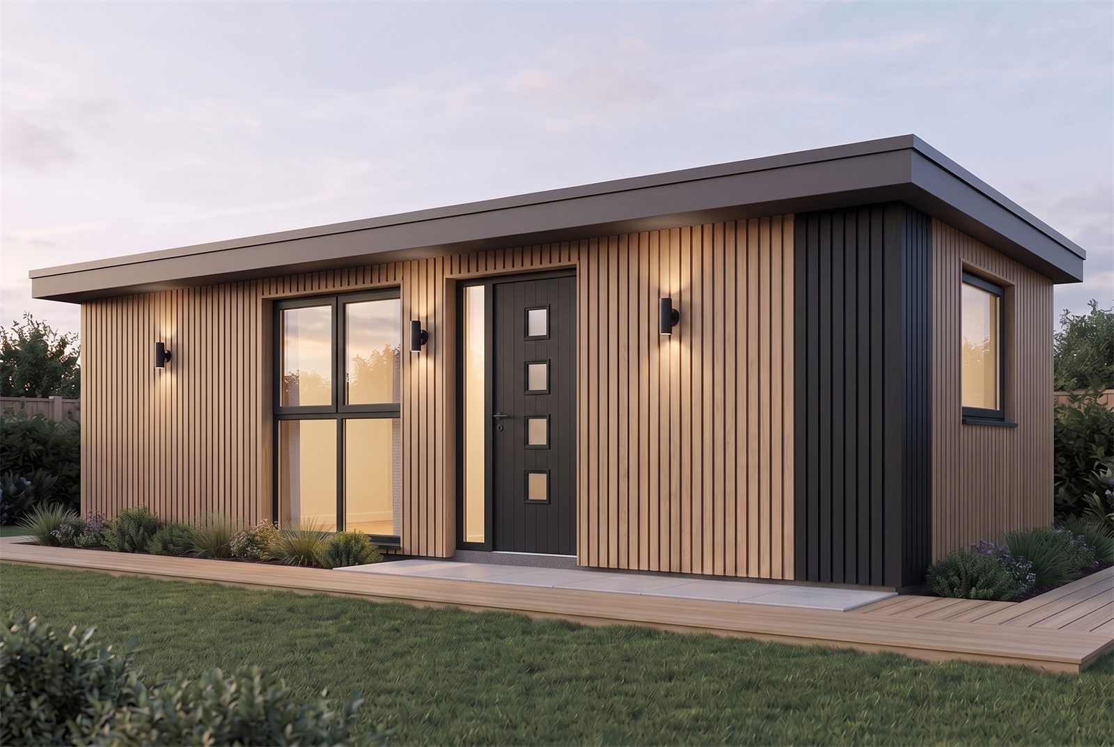 Garden Home 45m² Linear exterior at dusk on a planted deck — Cedar & Black finish