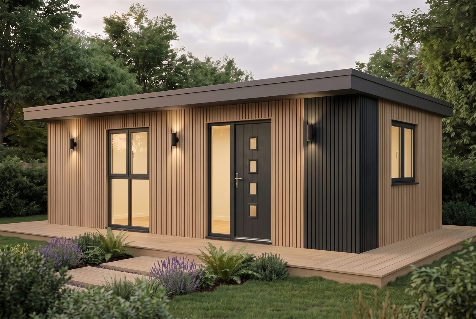 Garden Home 45m² Wide exterior at dusk on a planted deck — Cedar & Black finish